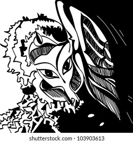 Stylized gothic black and white sketch of young angel girl