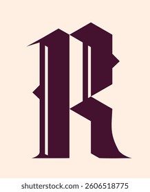 Stylized gothic letter R in dark maroon with sharp geometric edges, flat graphic style on a beige background. Concept of typography and vintage design. Vector illustration
