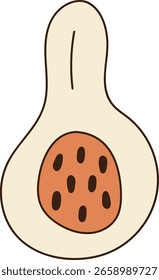 Ein stilisierter Kürbis mit Samen in einer einfachen Umrisszeichnung. Die abstrakte Form weist ein ovales Zentrum auf, das mit kleinen Ovalen gefüllt ist. Cartoon, Vektorgrafik.