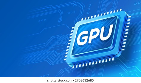 Stylized GPU chip on a modern blue circuit board background. Vector illustration