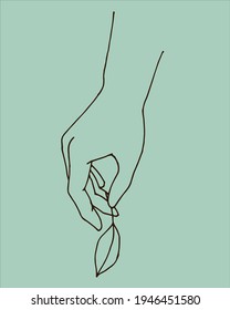 Manos femeninas elegantes y estilizadas y una hoja de una planta. Boho fondo estético moderno con gestos femeninos de mano. Impresión moderna de arte minimalista, símbolo de cuidado corporal, cosméticos ecológicos, colores pastel