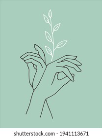 Stylized graceful female hands and plant. Boho modern aesthetic background with feminine hand gestures. Modern minimalist art print, body care symbol, eco-friendly cosmetics.