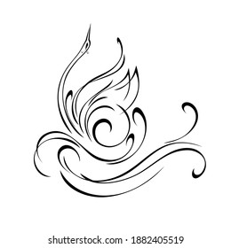 stylized graceful Swan floating on the water. Graphic illustration in black lines on a white background