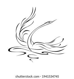stylized graceful Swan floating on the water. Graphic illustration in black lines on a white background
