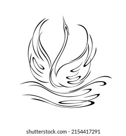 stylized graceful Swan floating on the water. Graphic illustration in black lines on a white background