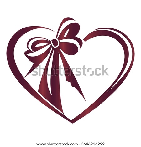 A stylized, gradient burgundy heart shape is adorned with a matching bow and ribbon, creating an elegant and romantic symbol of love and celebration on a white background.