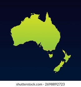 Mapa estilizado da Austrália e Nova Zelândia com contorno verde gradiente sobre fundo azul escuro. Perfeito para recursos visuais com temas geográficos, referências culturais e recursos de marca relacionados à Oceania.