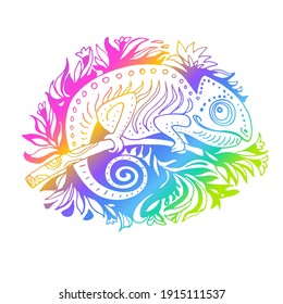 Stylized gradient rainbow colors doodle chameleon hand drawn isolated on white background. Hand drawn reptile vector Illustration in cartoon style. Tropical Animal Collection. 