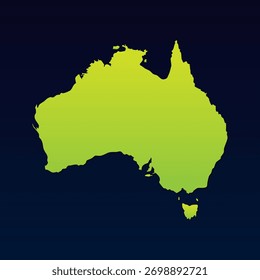 Stylized Gradient Silhouette Map of Australia – Green Landmass on Dark Blue Background Including Tasmania. A stylized silhouette map of Australia rendered in a green gradient against a dark blue background. The design includes the mainland and the island of Tasmania to the southeast, emphasizing geographic clarity and national identity. This minimalist composition is ideal for educational content, travel graphics, regional branding, or cultural presentations. Suitable for use in infographics, vector icon sets, editorial layouts, and geographic design assets.