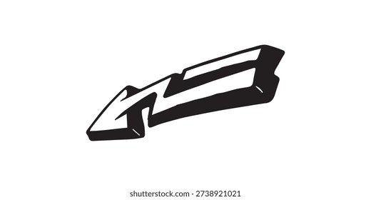 A stylized graffiti arrow with a distinct 3D appearance, rendered in black and white with thick outlines.