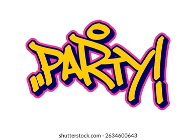 A stylized graffiti tag "PARTY!" message, rendered in bold, vibrant graffiti, embodies an atmosphere of fun, revelry, and excitement against the backdrop of the white board.
