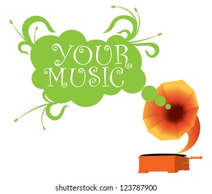 stylized gramophone with clouds for text