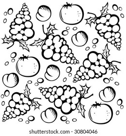 Stylized grape and peach silhouettes on a white background.