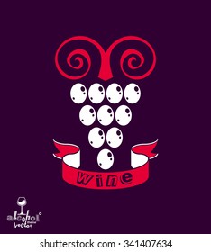 Stylized grape vine vector illustration. Winery symbol best for use in advertising and graphic design. Colorful Grape with vine tendrils and leaves isolated on dark background.