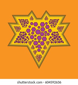 Stylized grapes made of hexagons on a background of stylized grape leaf. Orange background