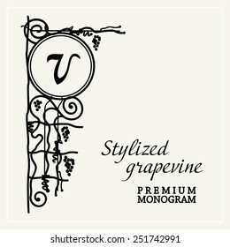 Stylized grapevine  vintage graceful angular monogram,  emblem template , Elegant line art logo design in Art Nouveau style