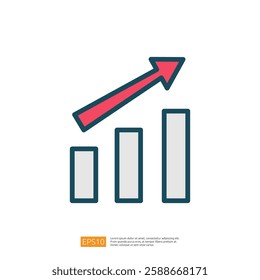 a stylized graph with three ascending bars and an upward arrow, symbolizing growth or progress in a business context. Flat line style icon