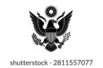 Stylized graphic of the American eagle emblem featuring shield olive branch arrows and sunburst isolated on a plain background