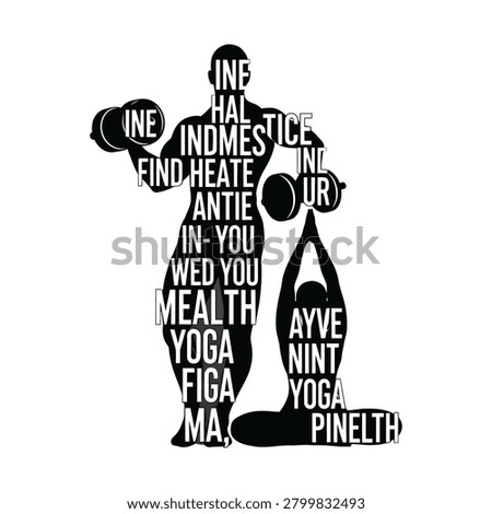 Stylized graphic art featuring a muscular bodybuilder holding dumbbells and a person in a yoga pose, their silhouettes filled with text, symbolizing health, fitness, and wellness.