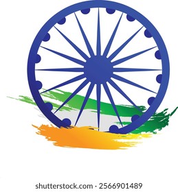 A stylized graphic of the Ashoka Chakra, the central wheel on the Indian national flag, set against a backdrop of painted Indian flag colors orange, white, green.