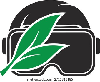 Gráfico estilizado de unos auriculares VR negros con contornos blancos y dos hojas verdes superpuestas en la parte delantera.