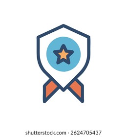 A stylized graphic of a blue shield badge with a gold star award emblem. Flat vector design.