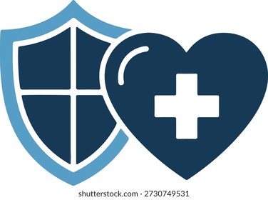 Un gráfico estilizado de un escudo azul y un corazón con una cruz médica, presentado sobre un fondo blanco limpio con una composición simple y elegante