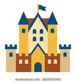 A stylized graphic of a castle featuring multiple towers, arched windows, a central entrance, and a blue flag on top, rendered in a flat design aesthetic