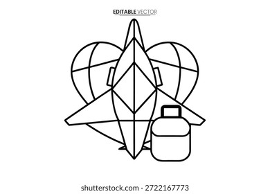 Un gráfico estilizado que combina Elementos de viaje como aviones, globos y corazones en un diseño simple.