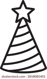 A stylized graphic of a coneshaped party hat with horizontal stripes and a star