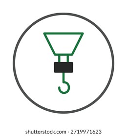 A stylized graphic of a crane hook, symbolizing industrial lifting and safety. The design features a balanced aesthetic, set within a circular frame, representing controlled operation in