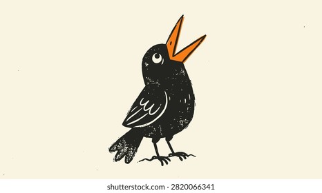 Stylized graphic of a crow singing on a plain background.