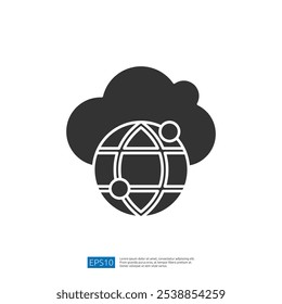 Um gráfico estilizado que representa um globo com conexões de rede, posicionado sobre um plano de fundo de nuvem, simbolizando a computação em nuvem e a conectividade global.