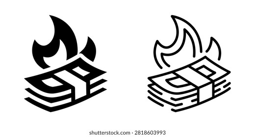 A stylized graphic depicting a stack of banknotes engulfed in flames, symbolizing financial destruction or waste