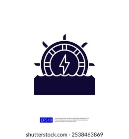 A stylized graphic depicting a sun rising over waves with a lightning bolt symbol, suggesting energy or power generation from renewable sources.
