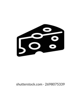 A stylized graphic depicting a triangular slice of cheese with characteristic holes, presented in a simple black and white outline.