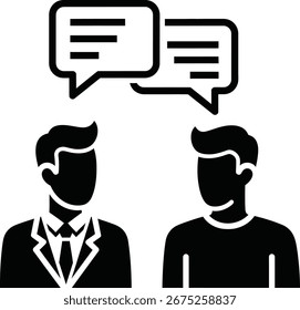 A stylized graphic depicting two people communicating. Speech bubbles float above their heads, symbolizing dialogue, discussion, and idea exchange in a business or personal context.