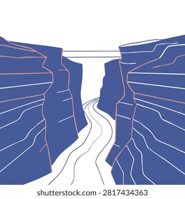 A stylized graphic depiction of a canyon with sharp rock faces and a flowing river path in between using clean lines and a flat color palette.