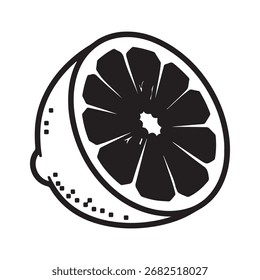 A stylized, graphic depiction of a half lemon, showcasing its segmented interior. The image is presented in a simple, black and white outline style.