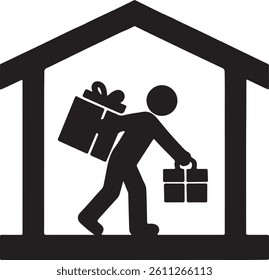 A stylized graphic depicts a delivery person carrying two gifts inside a simple home icon.
