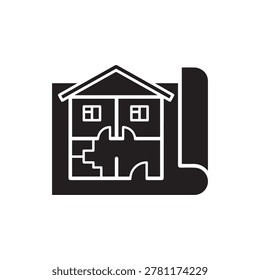 A stylized graphic depicts a rolled architectural blueprint with a white outline of a two-story house floor plan, featuring a pitched roof, windows, and interior room divisions. The design uses bold b.