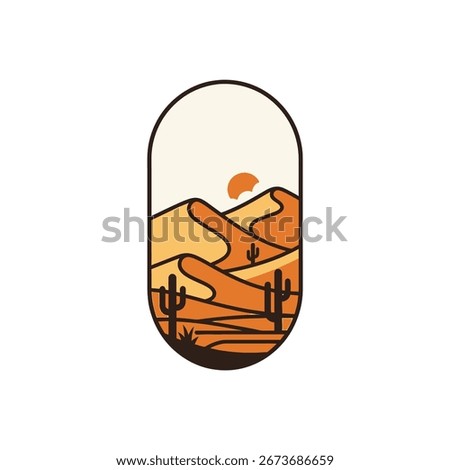 Stylized graphic of desert dunes, cacti, and sunset. Simple lines and warm colors.