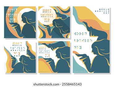 A stylized graphic design celebrates World Braille Day, January 4th, showcasing a woman's silhouette interacting with braille script in a visually appealing manner.