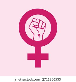 Diseño gráfico estilizado que combina el símbolo de género de Venus con un puño fuertemente levantado que representa la fuerza femenina y los movimientos de justicia social con un fondo rosa suave.