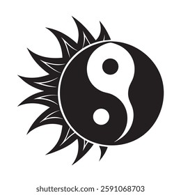 A stylized graphic design combining the Yin Yang symbol with a sunburst