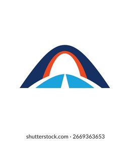 A stylized graphic design depicting a bridge archway over a roadway, possibly representing transportation or infrastructure.  The colors are primarily blue, ...