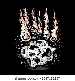 A stylized graphic design depicting a fiery meteorite impacting a bear paw print, creating a visually striking image.