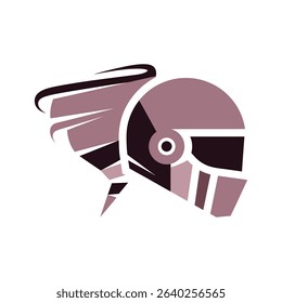Stylized graphic design depicting a helmet with a swirling vortex beside it, suggesting speed and power.  The color palette is muted purples and browns.