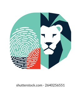 A stylized graphic design featuring a lion's head juxtaposed with a fingerprint, both within a circular frame.  The image uses geometric shapes and bold colors.