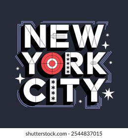 Stilisiertes Grafikdesign mit "New York City" in geometrischer Typografie mit roten und blauen Akzenten.